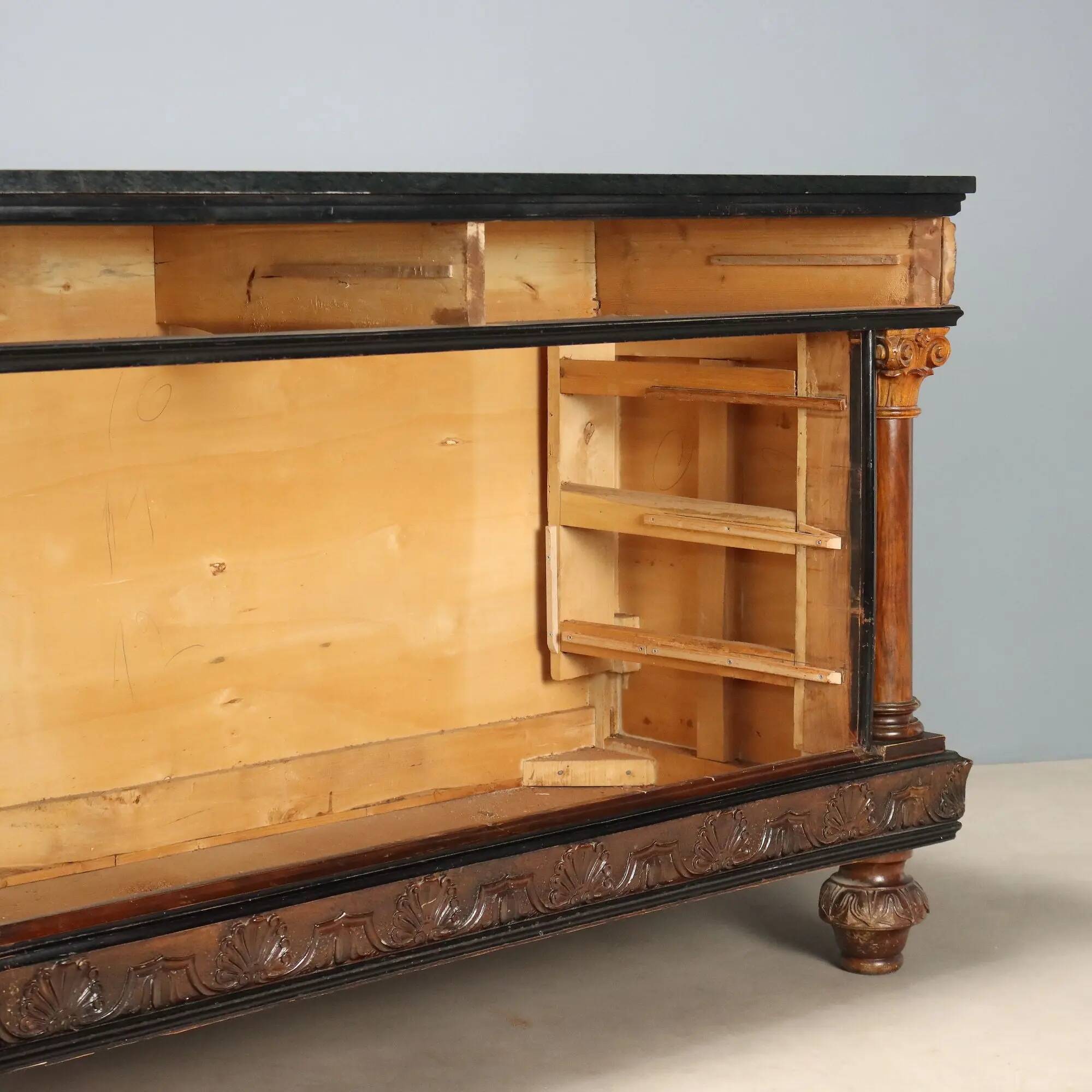 Antique walnut burl commode with marble top, Italy, 20th century.