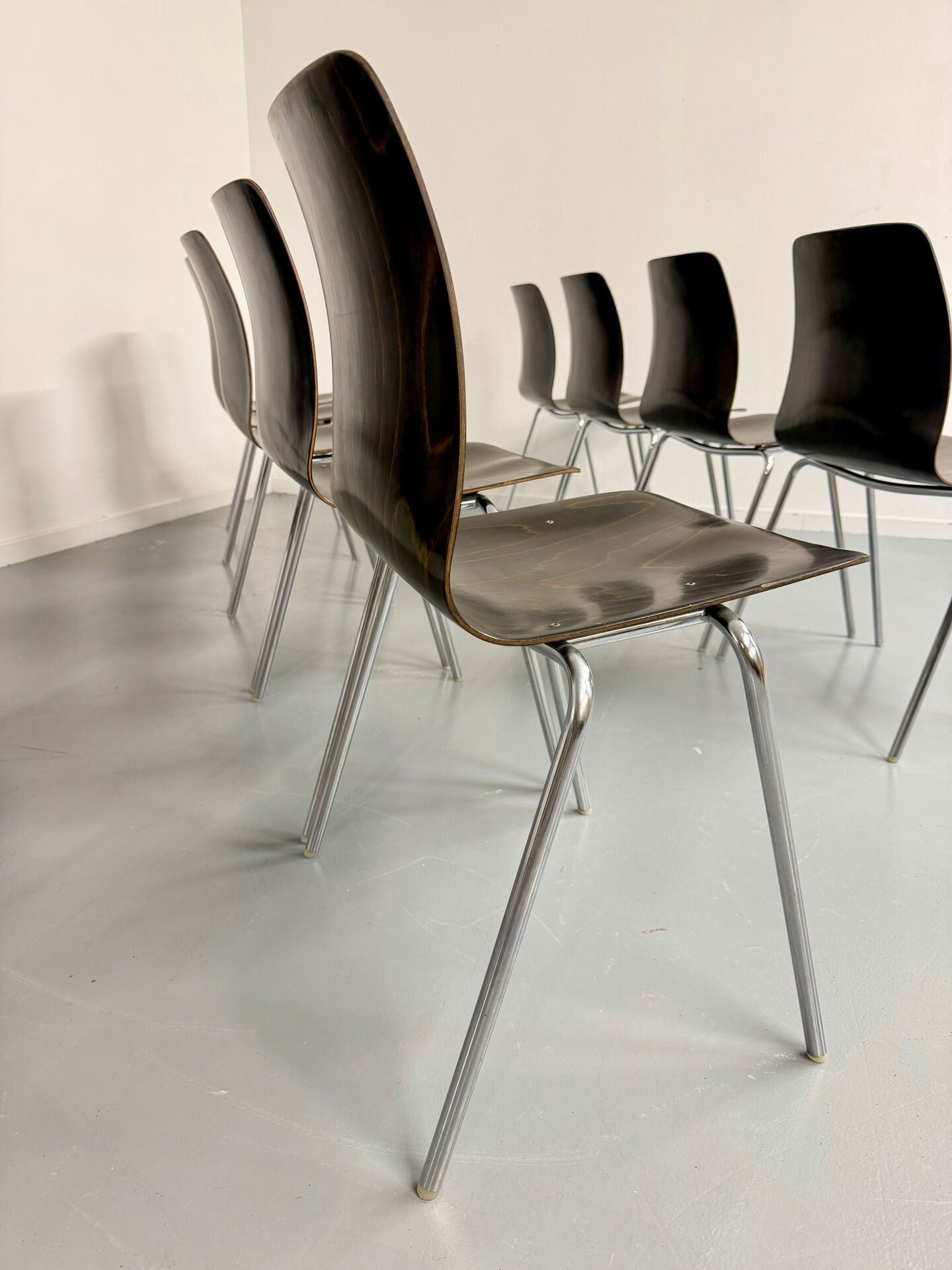 Set of 32 wooden and chrome chairs, Pagholz design from the 80s, vintage Pagwood.