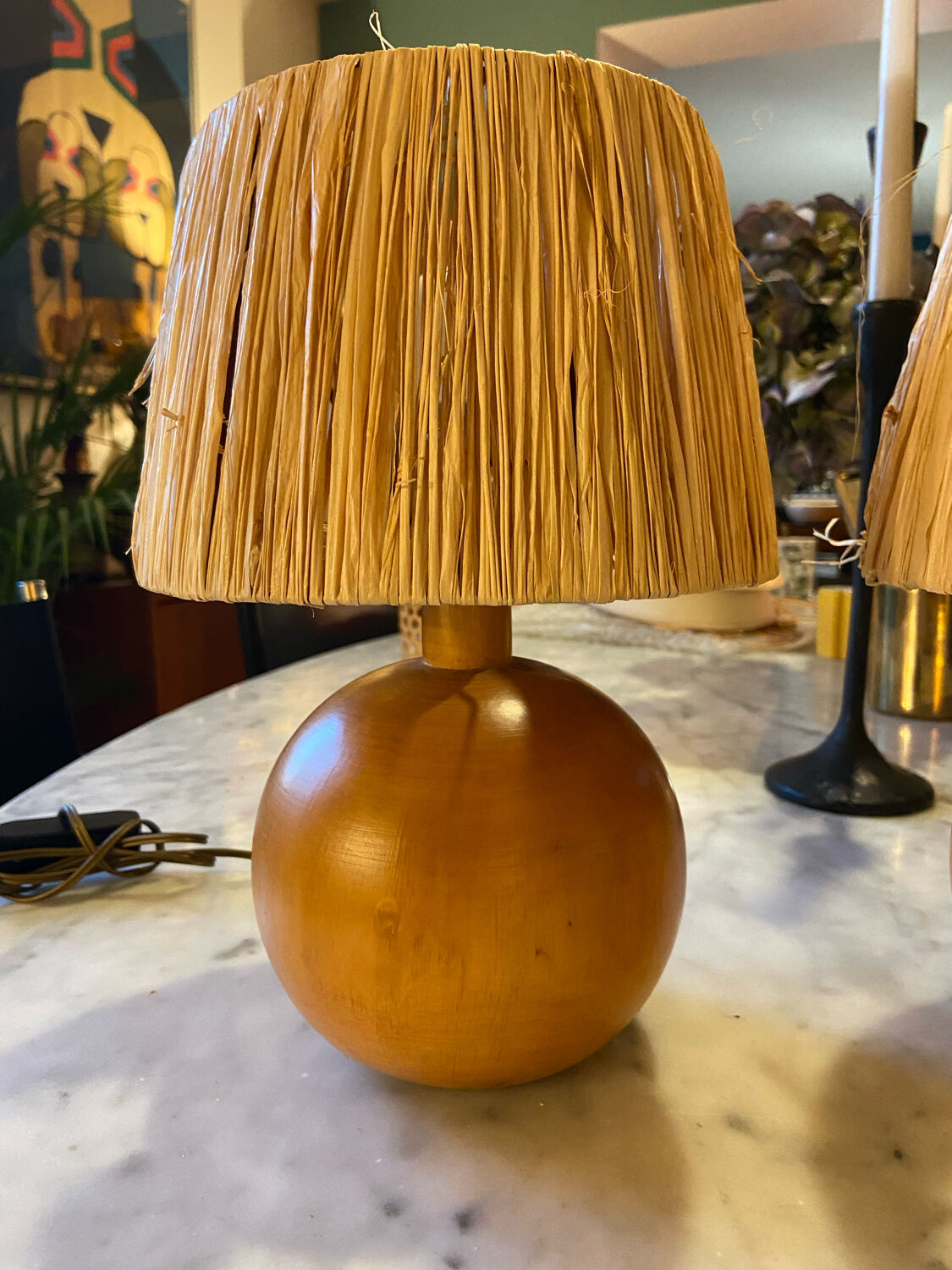 Pair of bedside lamps made of wood and vintage raffia