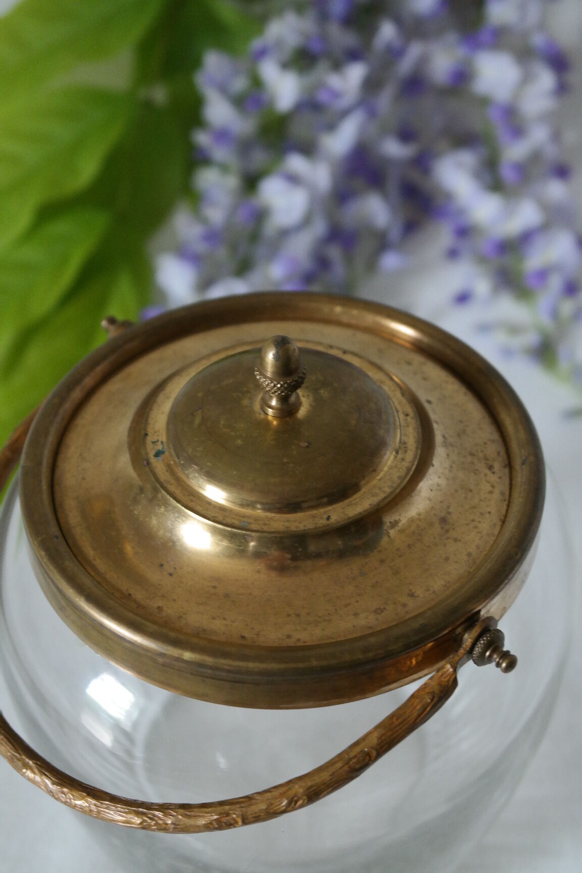 Old glass and brass cookie bucket