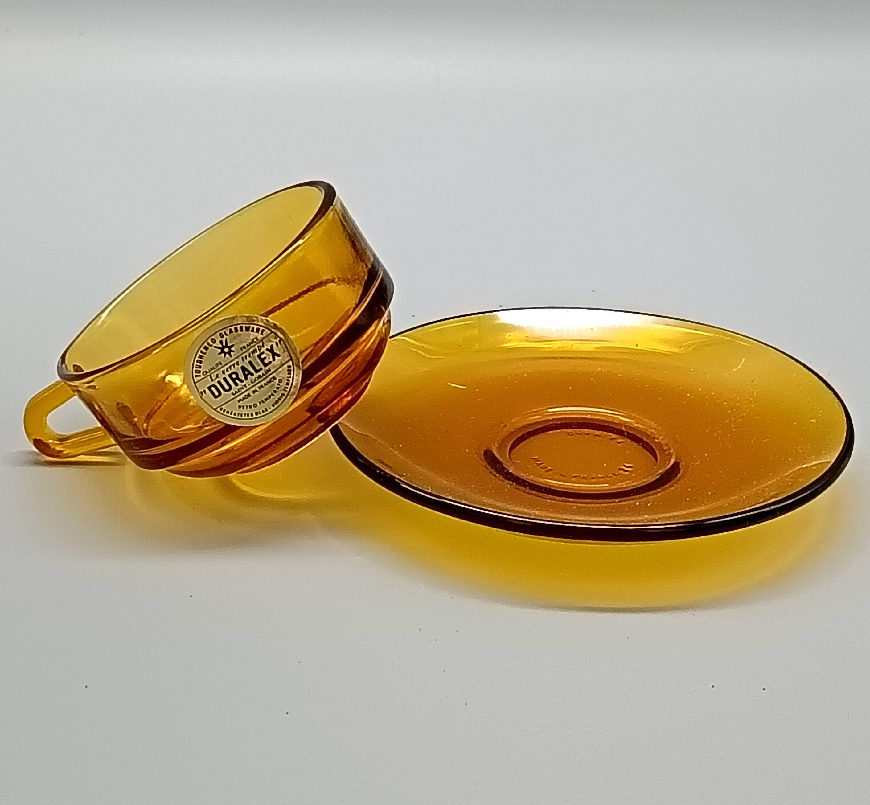 4 Duralex glass cups and saucers, amber color, France vintage