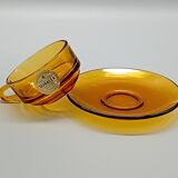 4 Duralex glass cups and saucers, amber color, France vintage