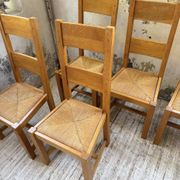 Set of 8 blond oak chairs with straw seats