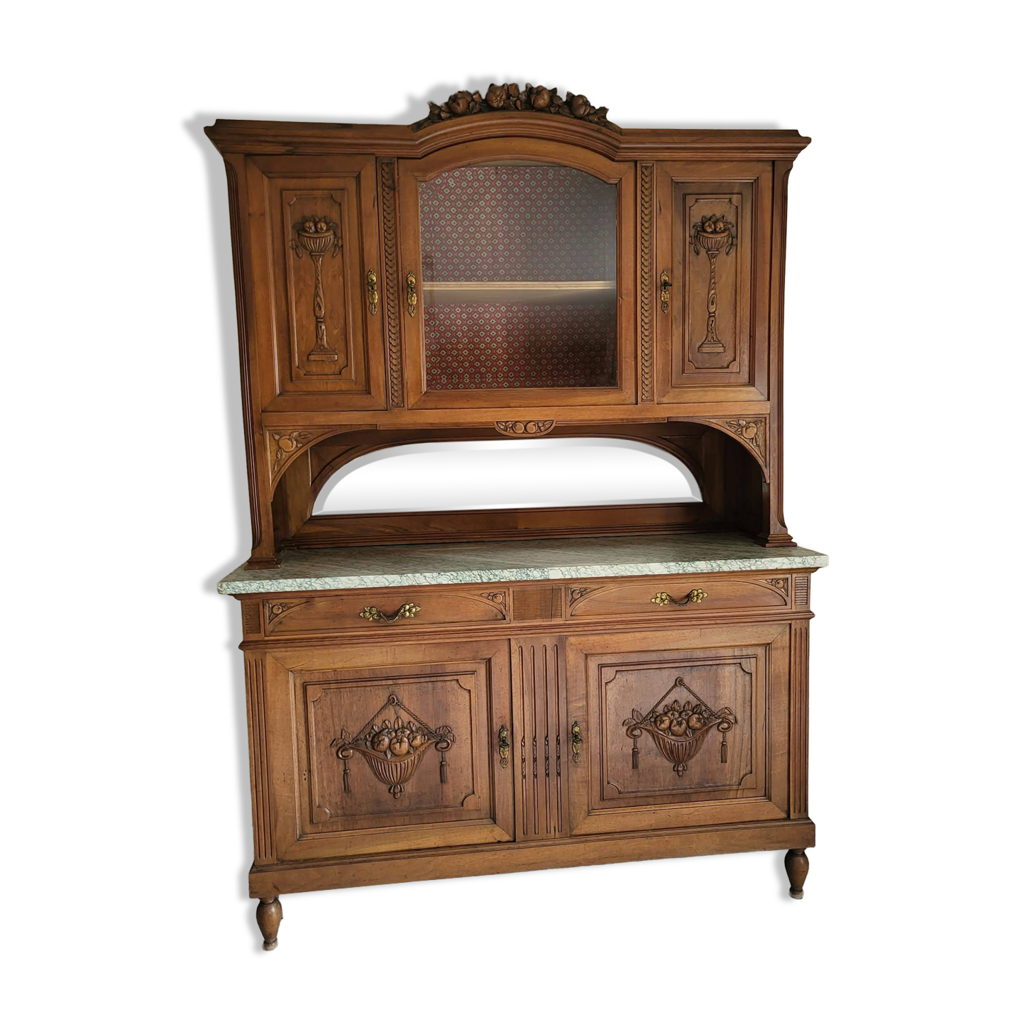 Grand Buffet deux-corps d'epoque 1910- Bois massif, Marbre & Miroir biseaut