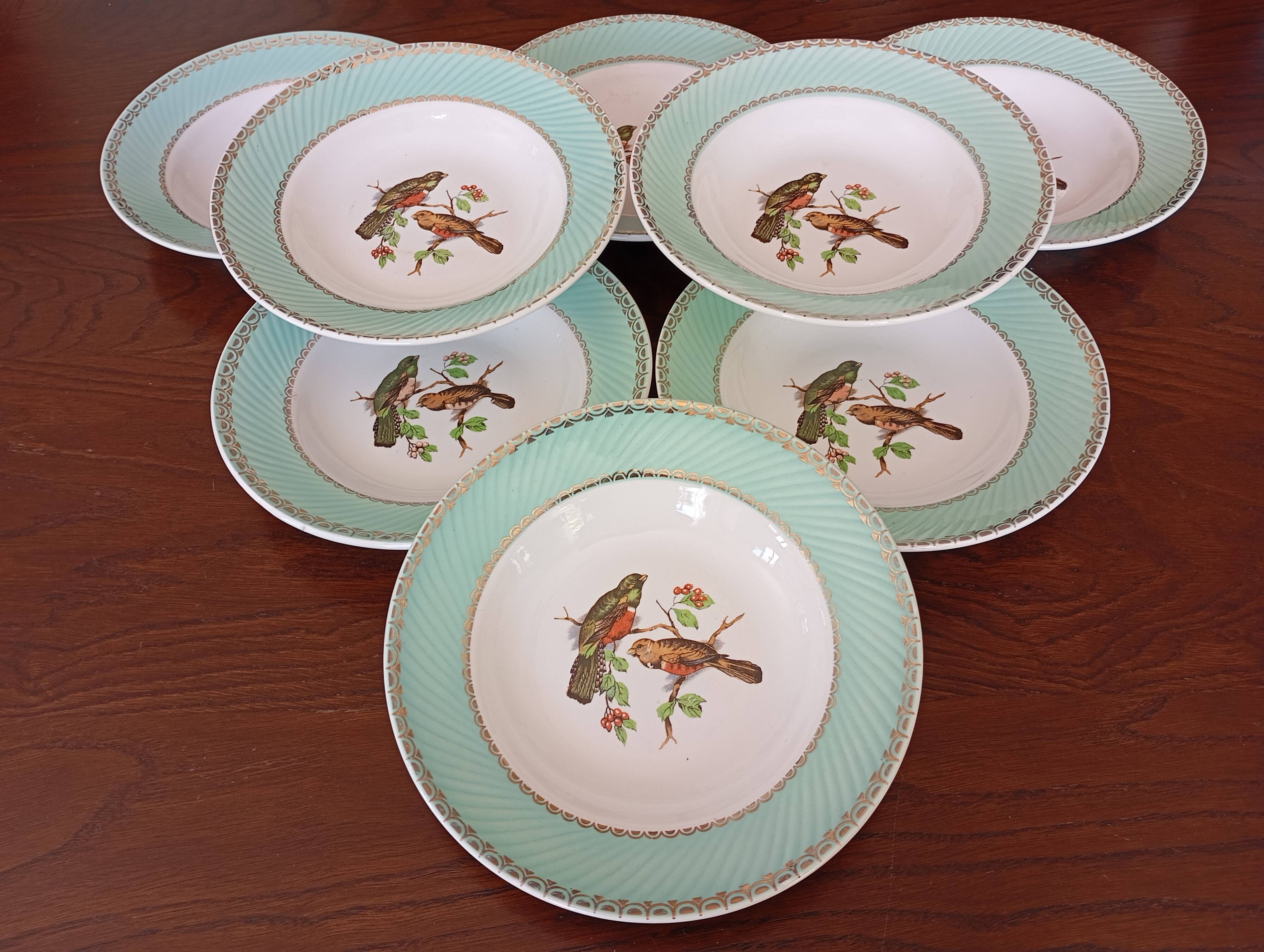 8 soup plates Fenal Badonviller "Birds" vintage 1950s