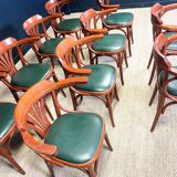Set of 10 wooden bistro armchairs with green leatherette palmette from the 80s France