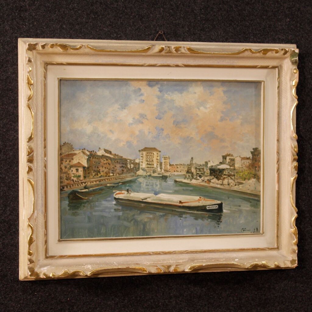 Italian signed landscape painting view of river with boats