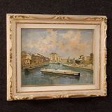 Italian signed landscape painting view of river with boats