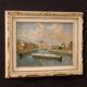 Italian signed landscape painting view of river with boats