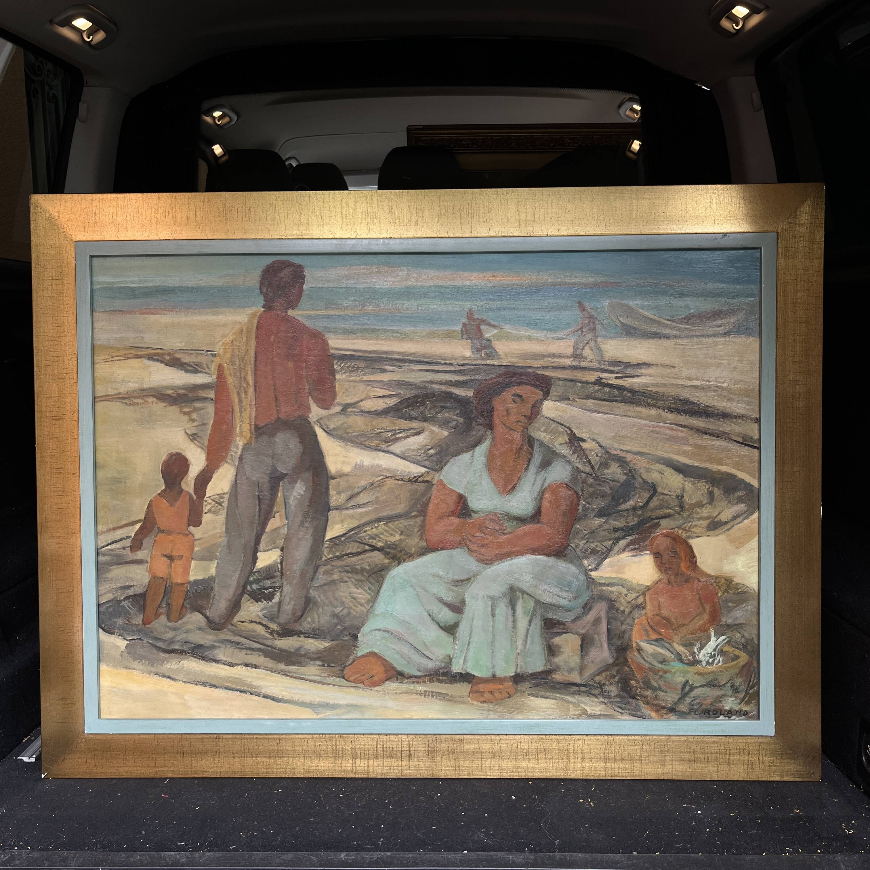 Painting "return from fishing", oil on panel, flory roland ca 1945