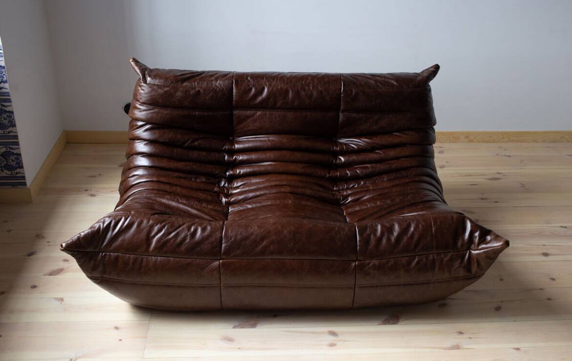 Togo 3-seater sofa in brown leather designed by Michel Ducaroy 1973