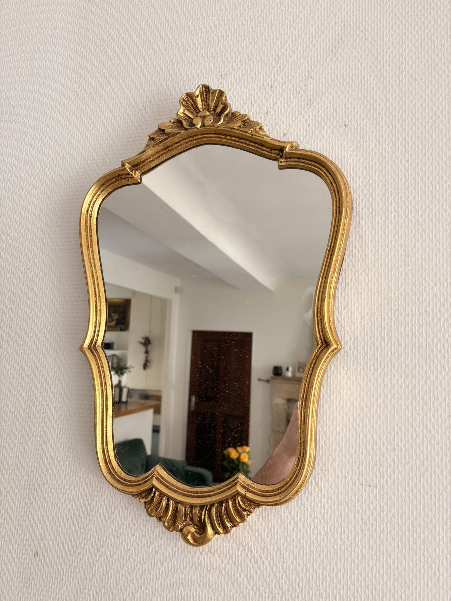 Antique gilded wall mirror, wood, Rocaille, Rococo, Louis XV, shell.