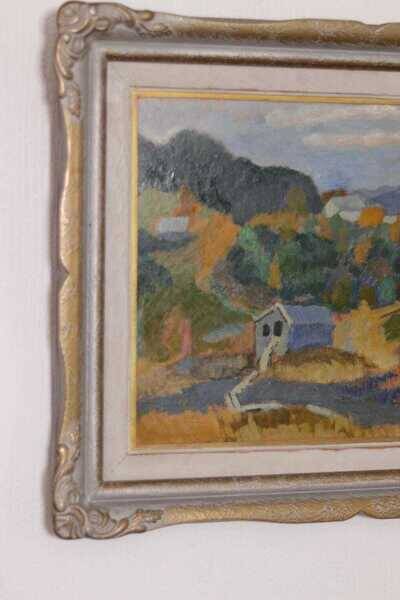 Original mid-century Swedish oil on panel – “Landscape with House” – vintage & framed – 42 × 52 cm (16.5" × 20.5")