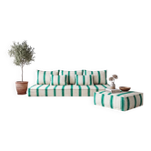Emerald striped Moroccan living room set with pouf.