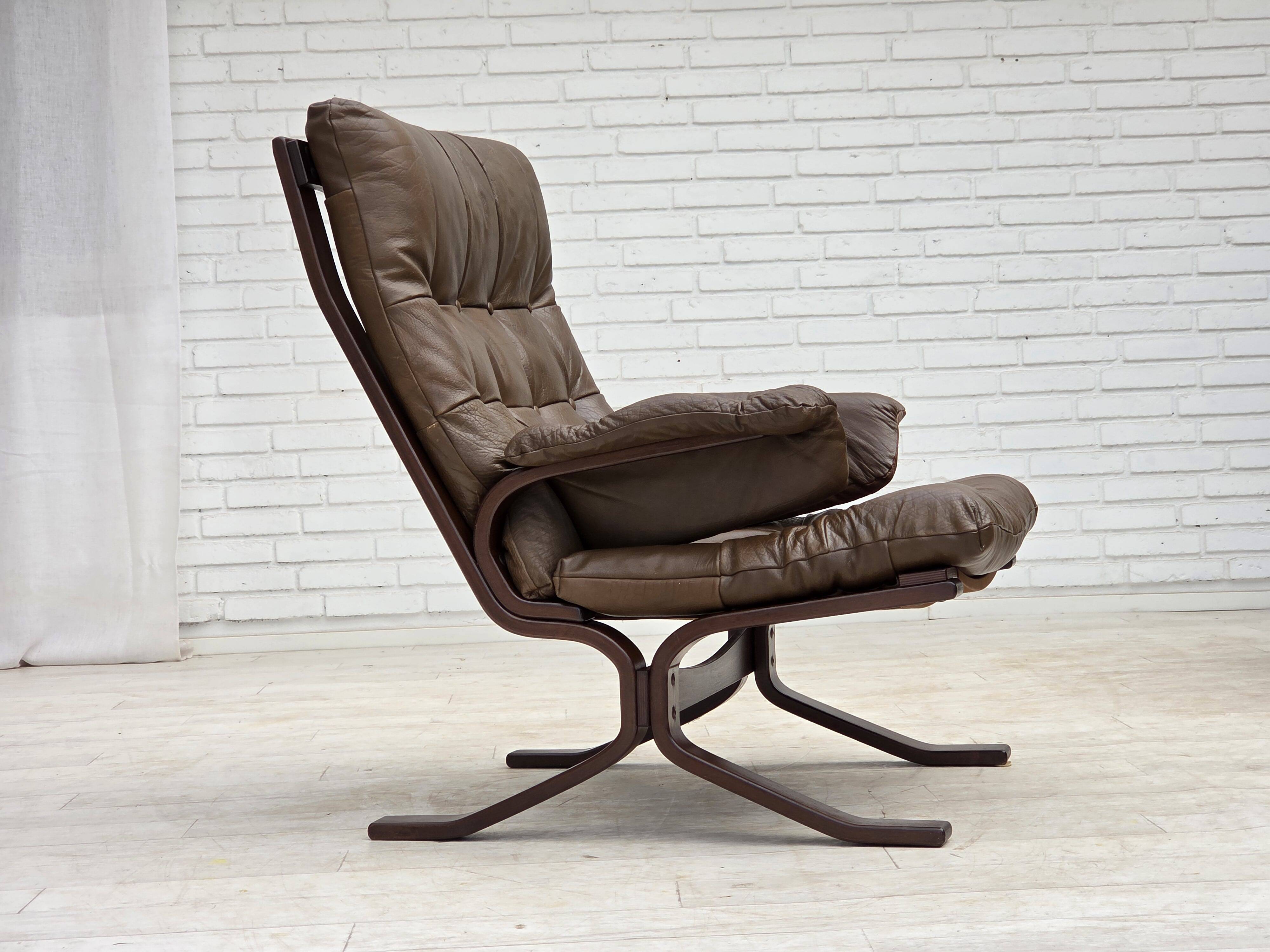 Fauteuil en cuir de meuble marron, années 1970, design scandinave,