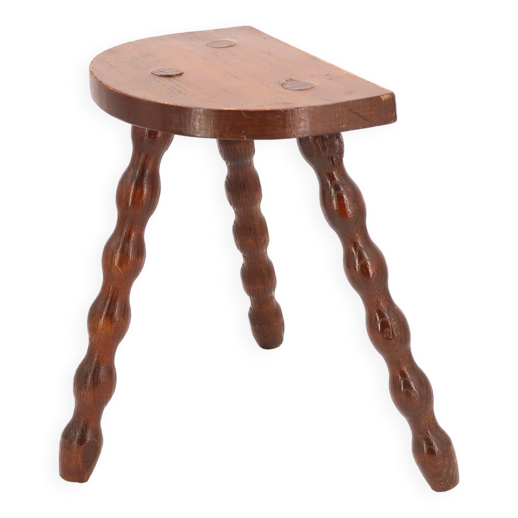 Wooden tripod stool, half-moon seat, 1950s
