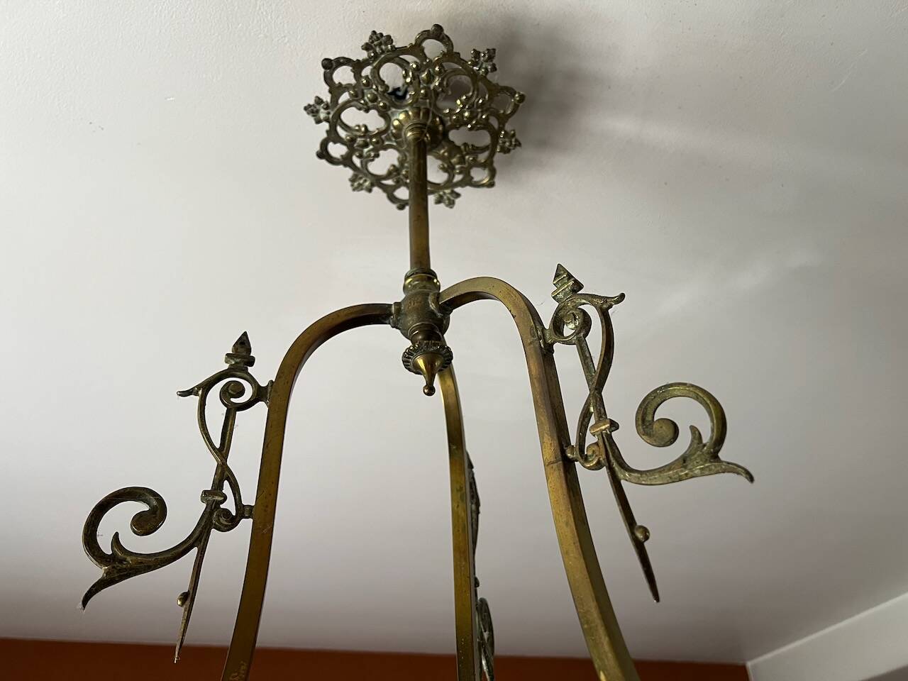 Lustre Suspension Art Nouveau - Green Opaline and Brass - Belle Époque Style