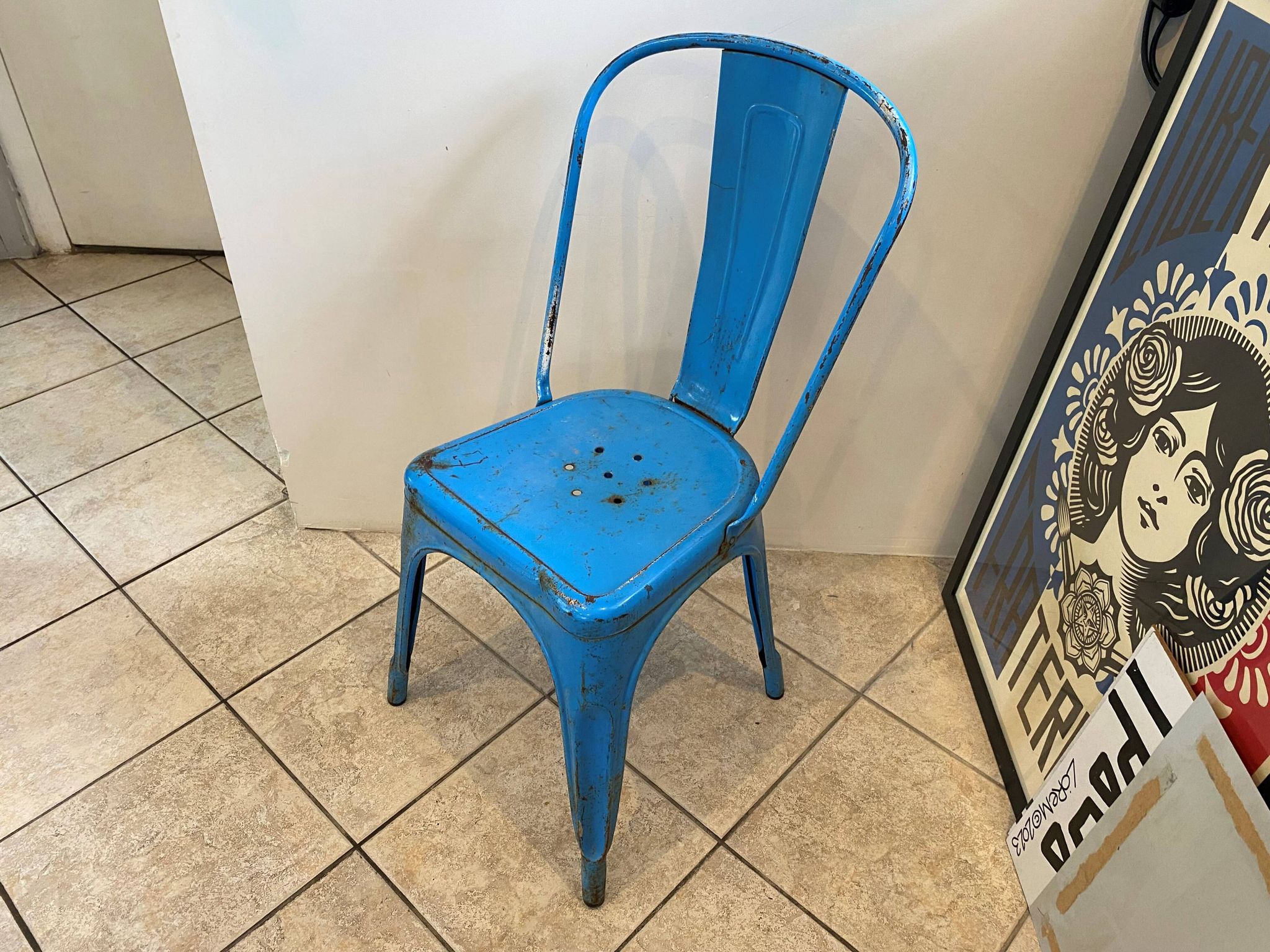 Authentic blue tolix metal chair by Xavier Pauchard vintage industrial 1950