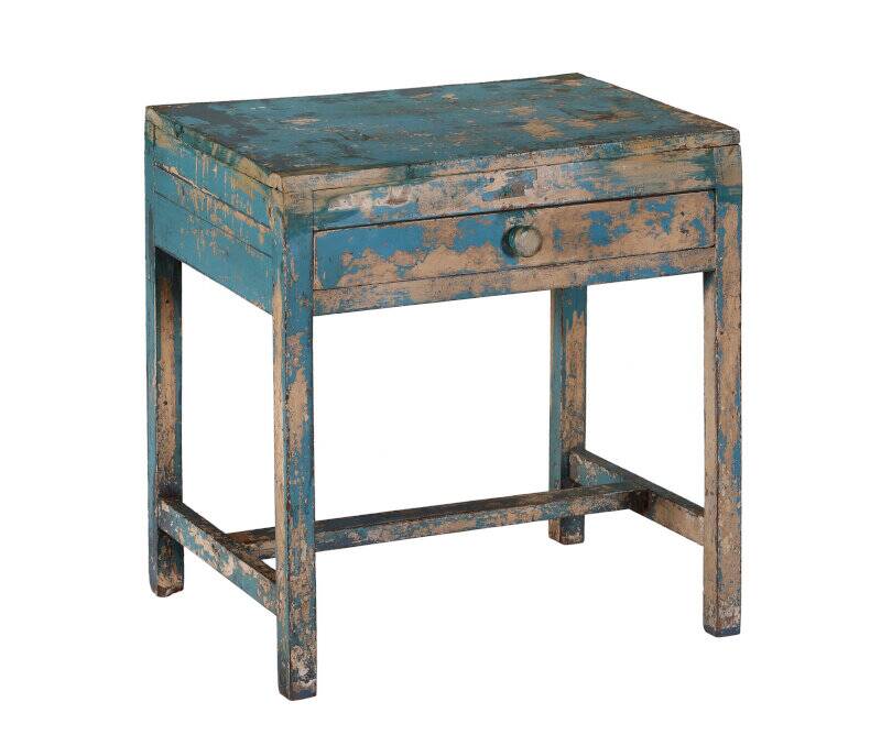 Table bleue console ancien bureau indien avec tiroir bois teck patine et piece d'origine