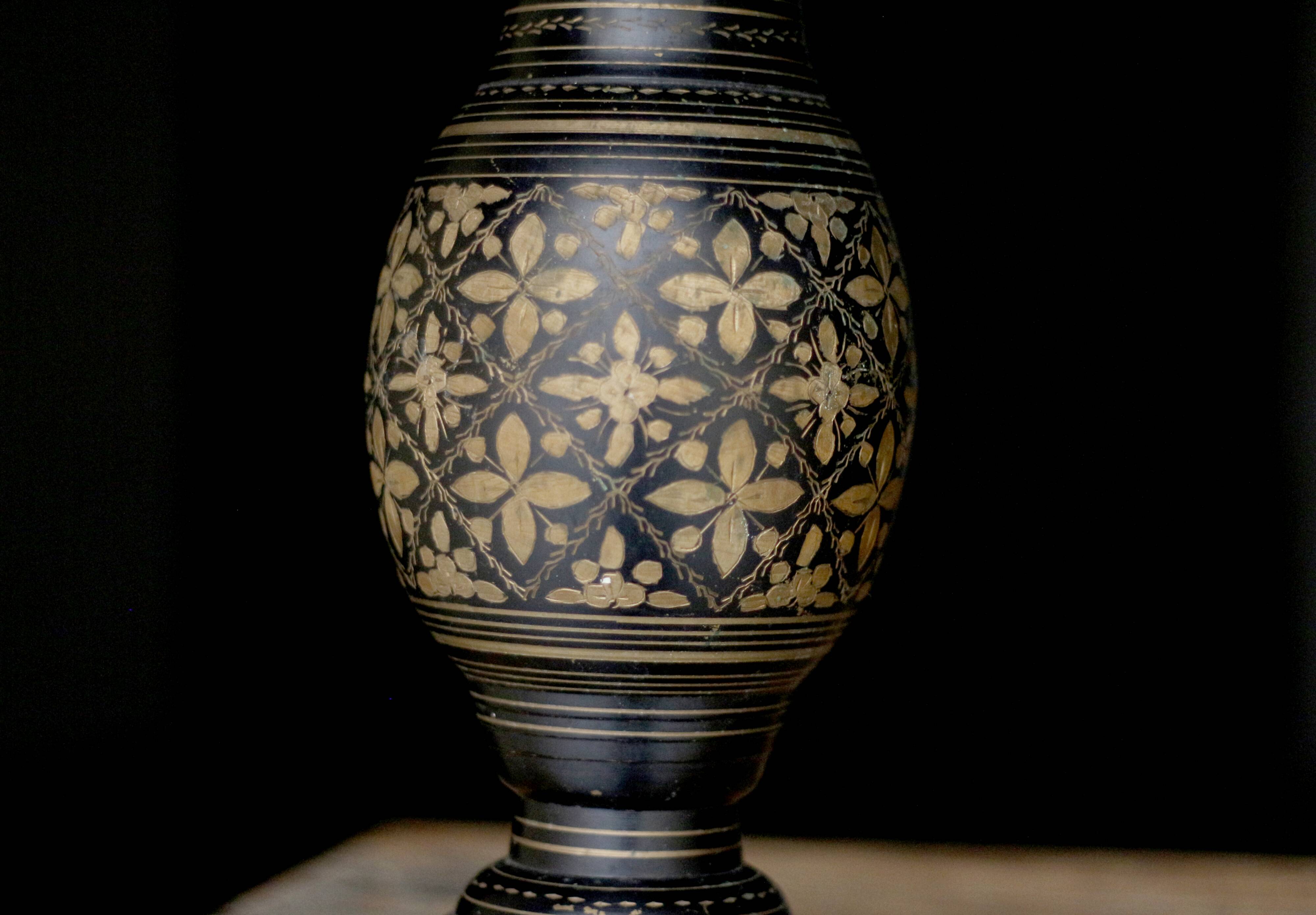 Indian copper vase. Beautiful "grotesque" decoration.