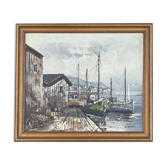 Huile sur toile scène portuaire