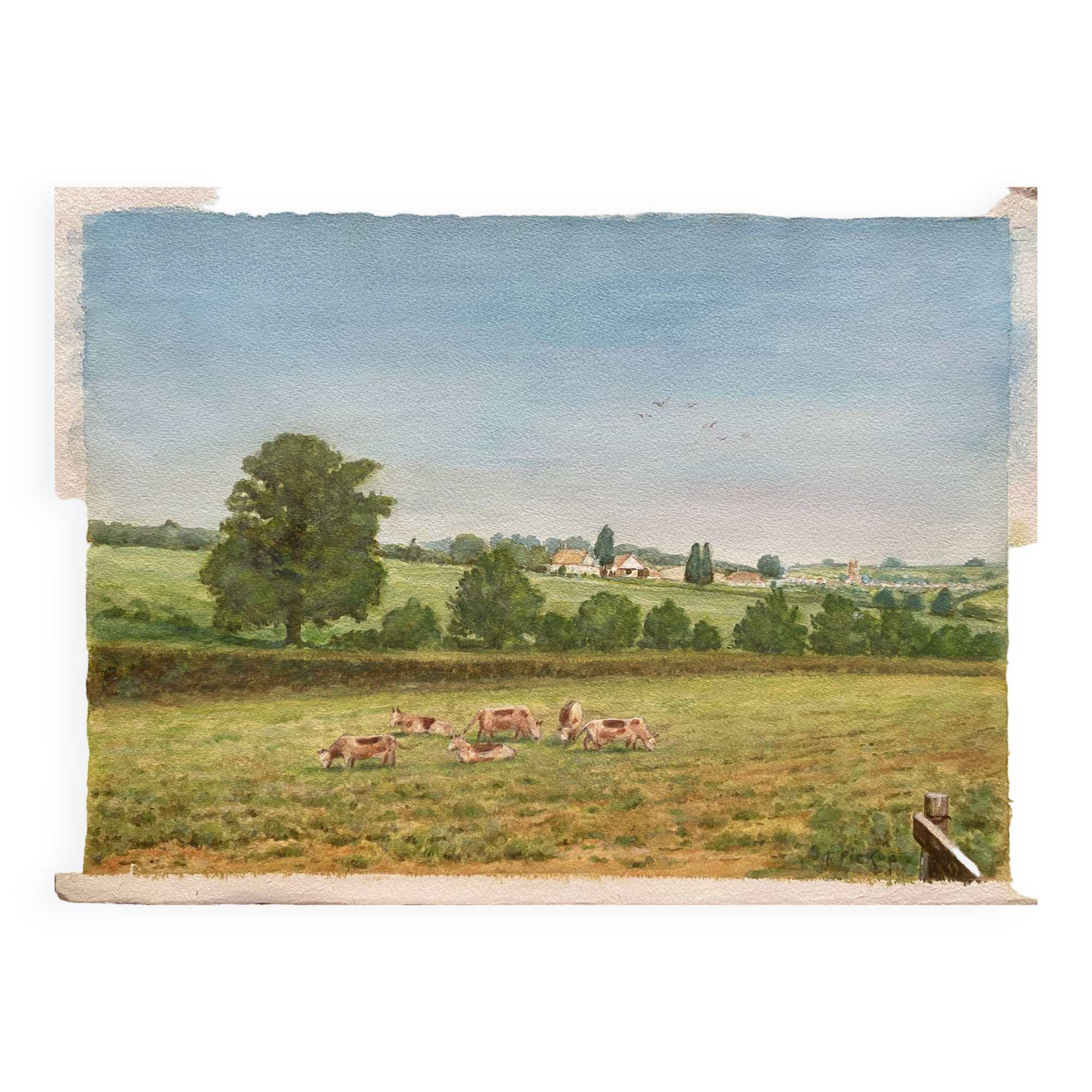 Watercolor painting "Countryside landscape with village and pasture" signed Pickop