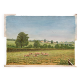 Watercolor painting "Countryside landscape with village and pasture" signed Pickop