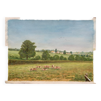 Watercolor painting "Countryside landscape with village and pasture" signed Pickop