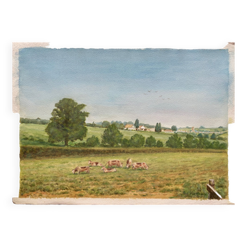 Tableau Aquarelle "Paysage de campagne avec village et pâturage" signé Pickop
