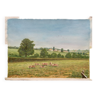 Tableau Aquarelle "Paysage de campagne avec village et pâturage" signé Pickop