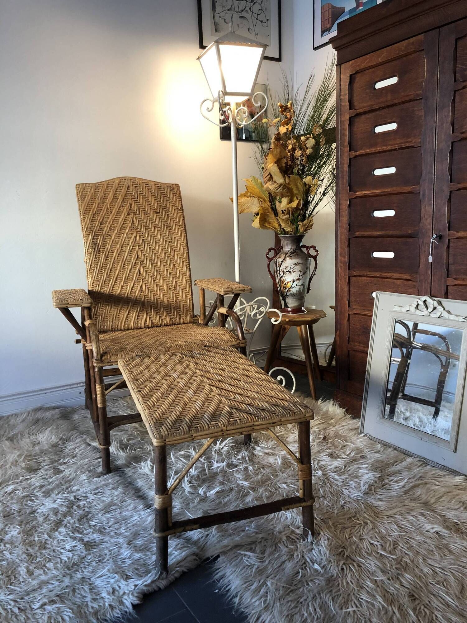 Bamboo and vintage rattan long chair, 40s/50s