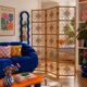 Vintage 1960s curved rattan screen