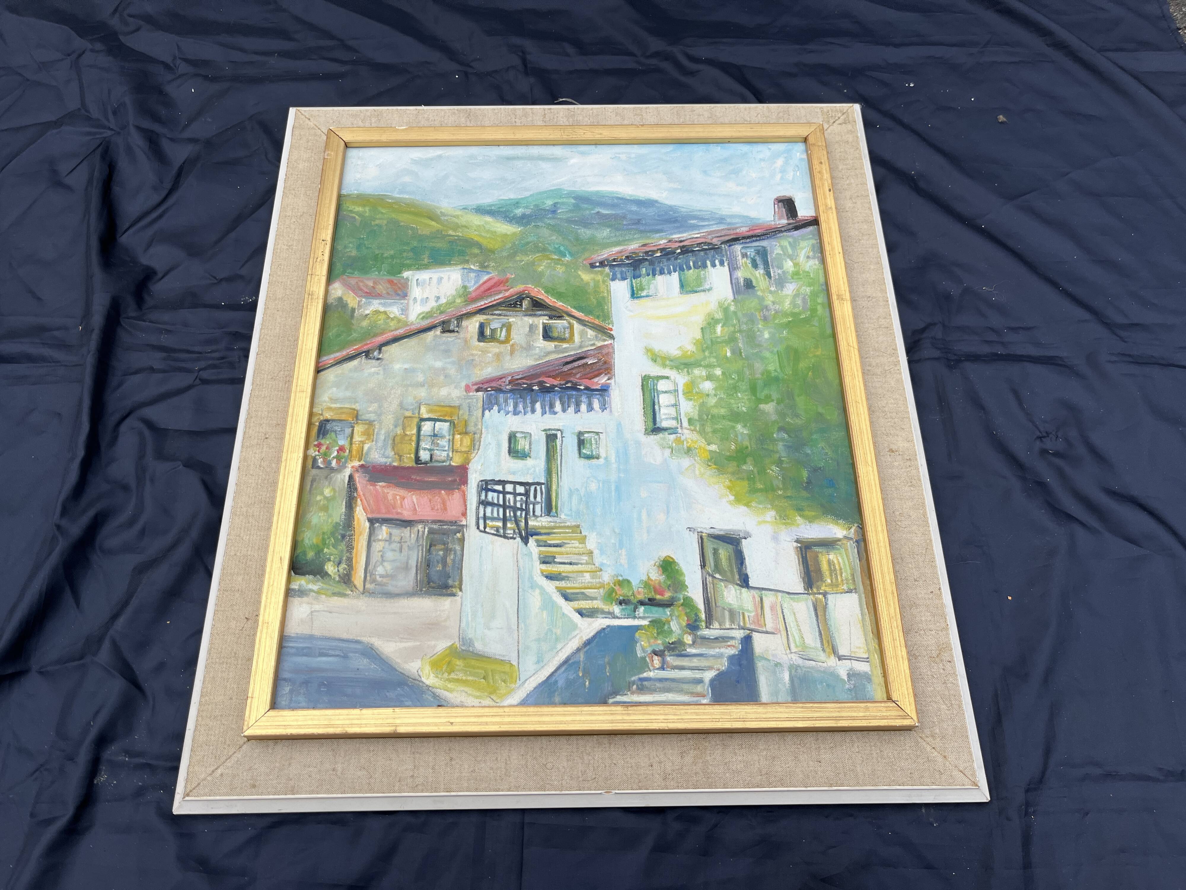 Painting, Basque house with green shutters