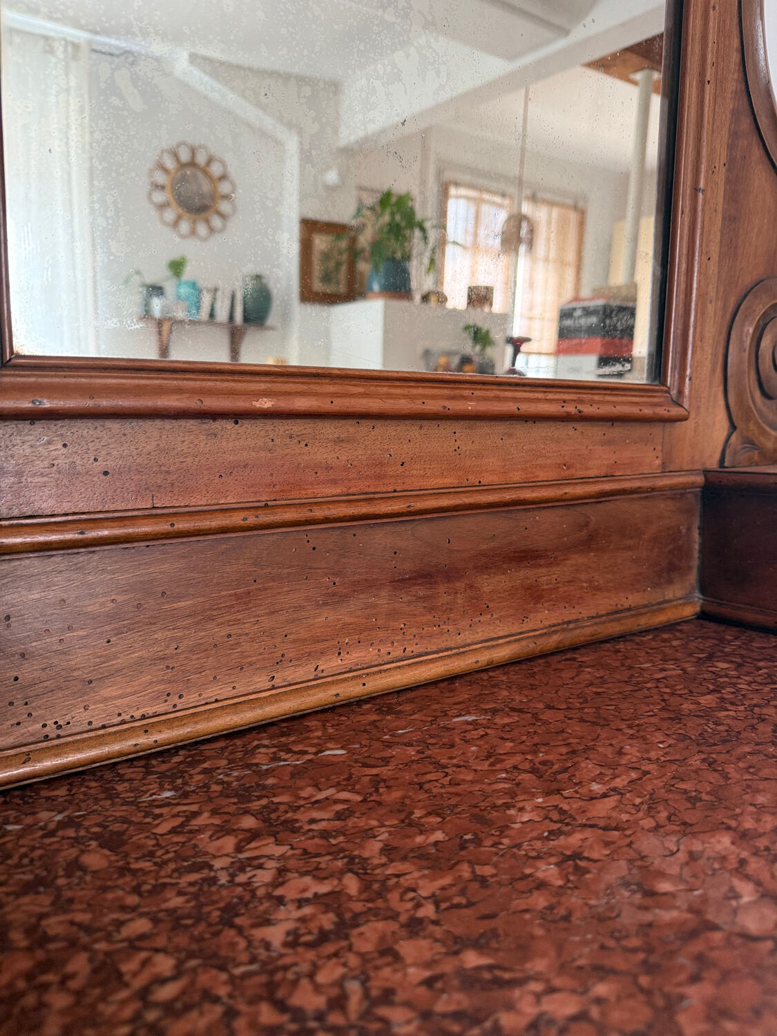 Louis-Philippe walnut commode with marble top and pediment mirror –