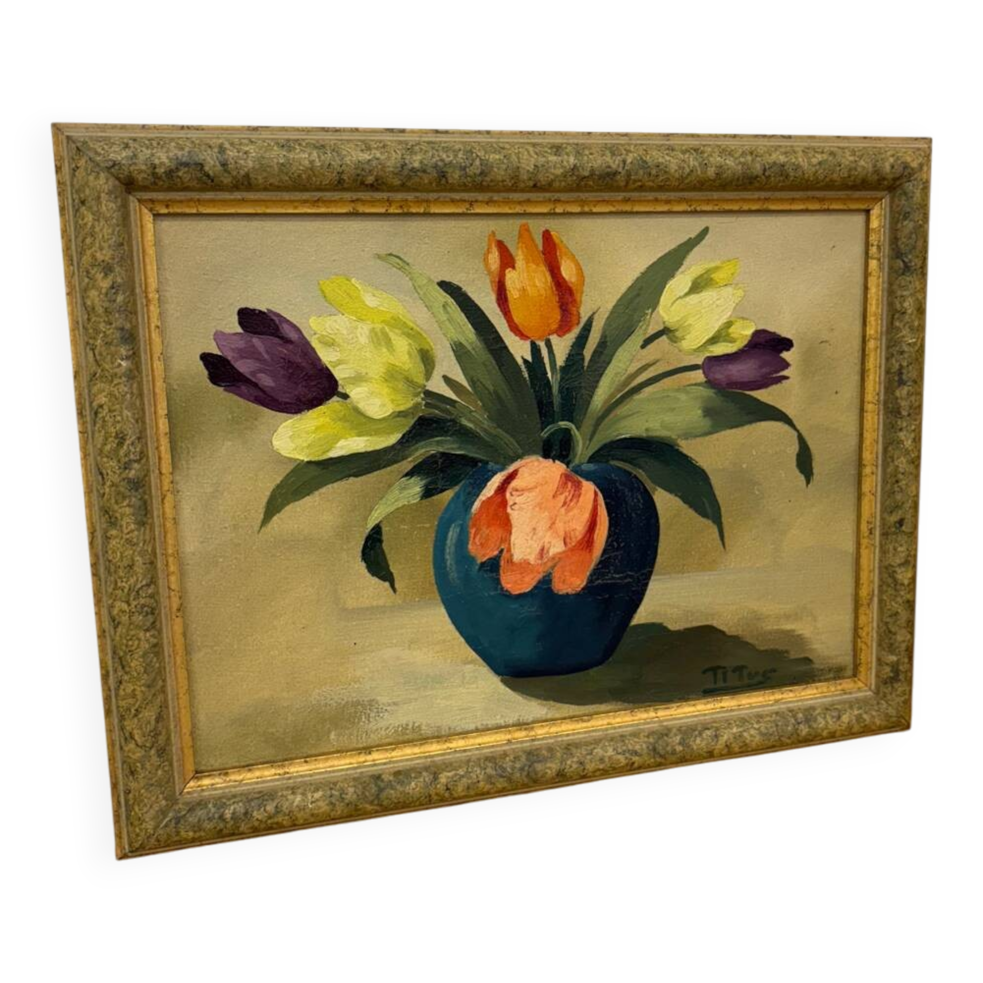 Oil painting of tulips signed Titus.