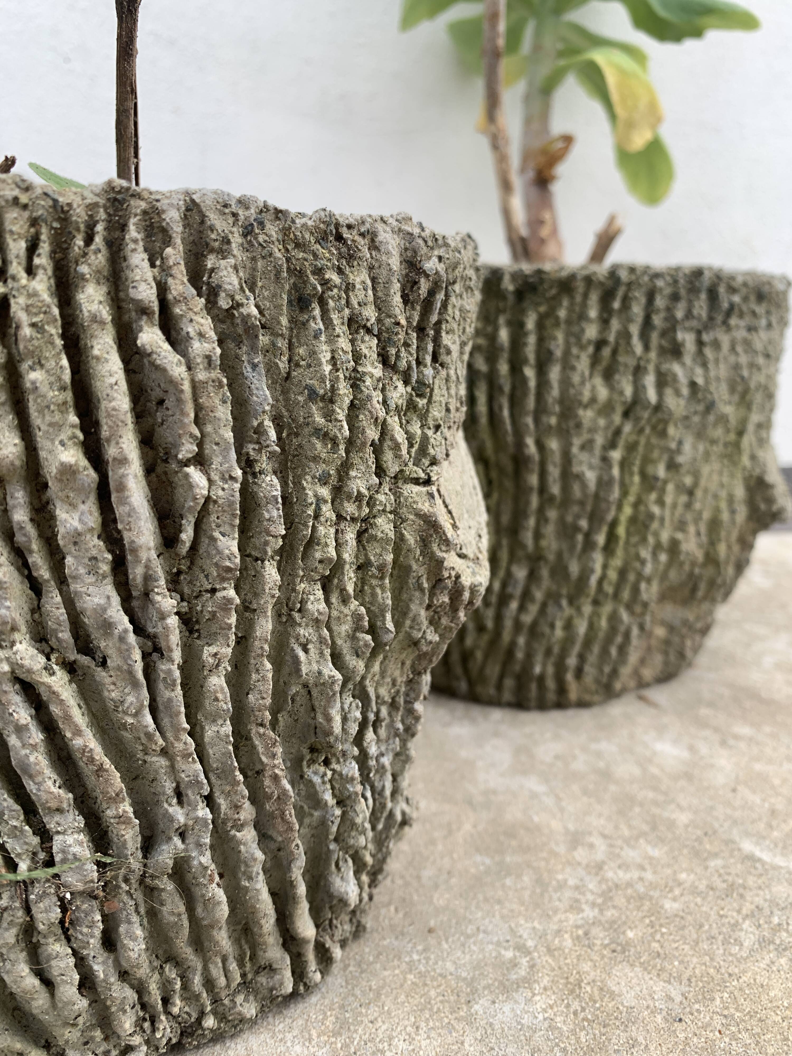 Two cement planters imitation tree trunks