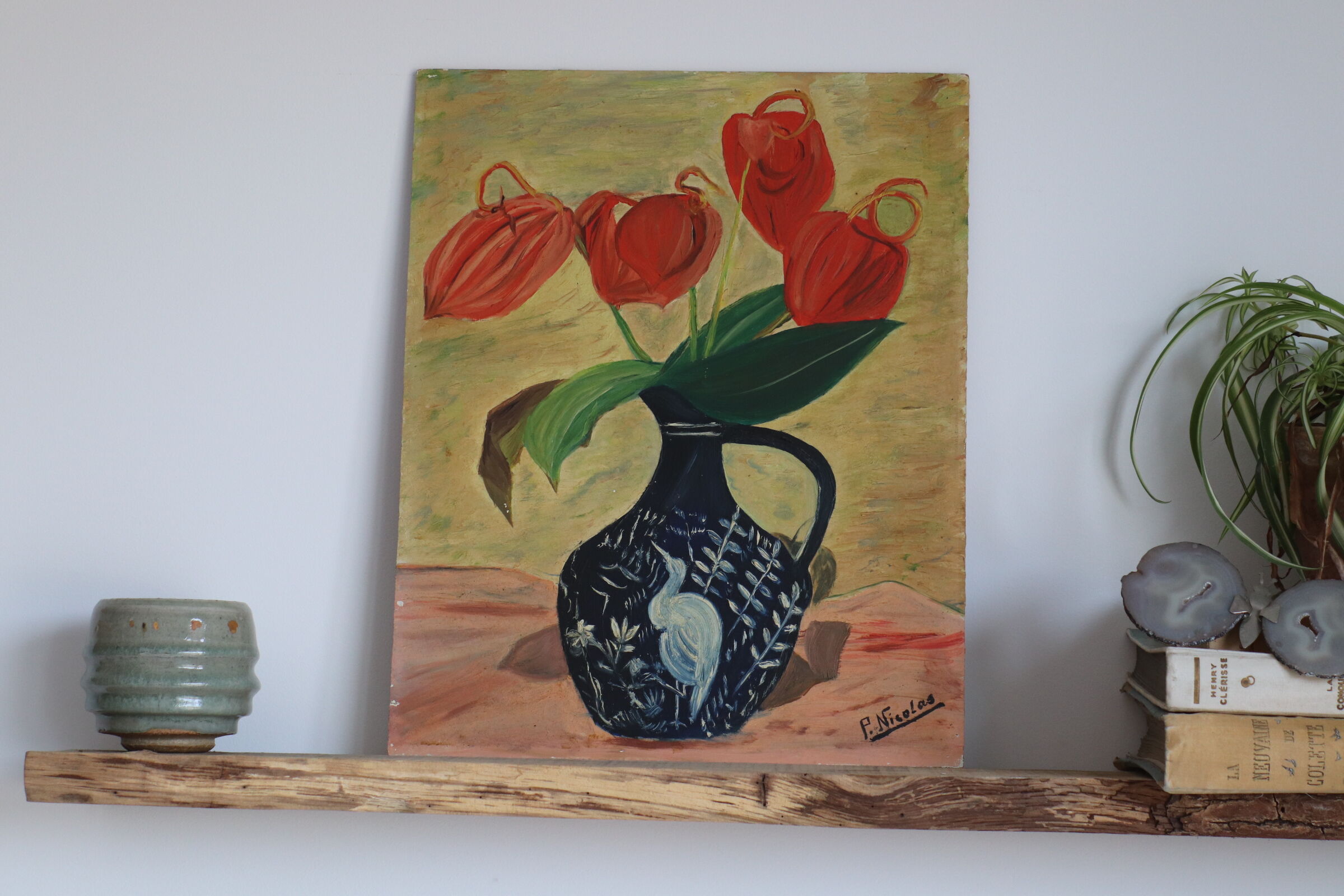 Oil on still life panel, vase with anthuriums
