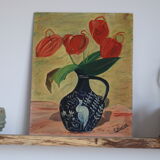 Oil on still life panel, vase with anthuriums