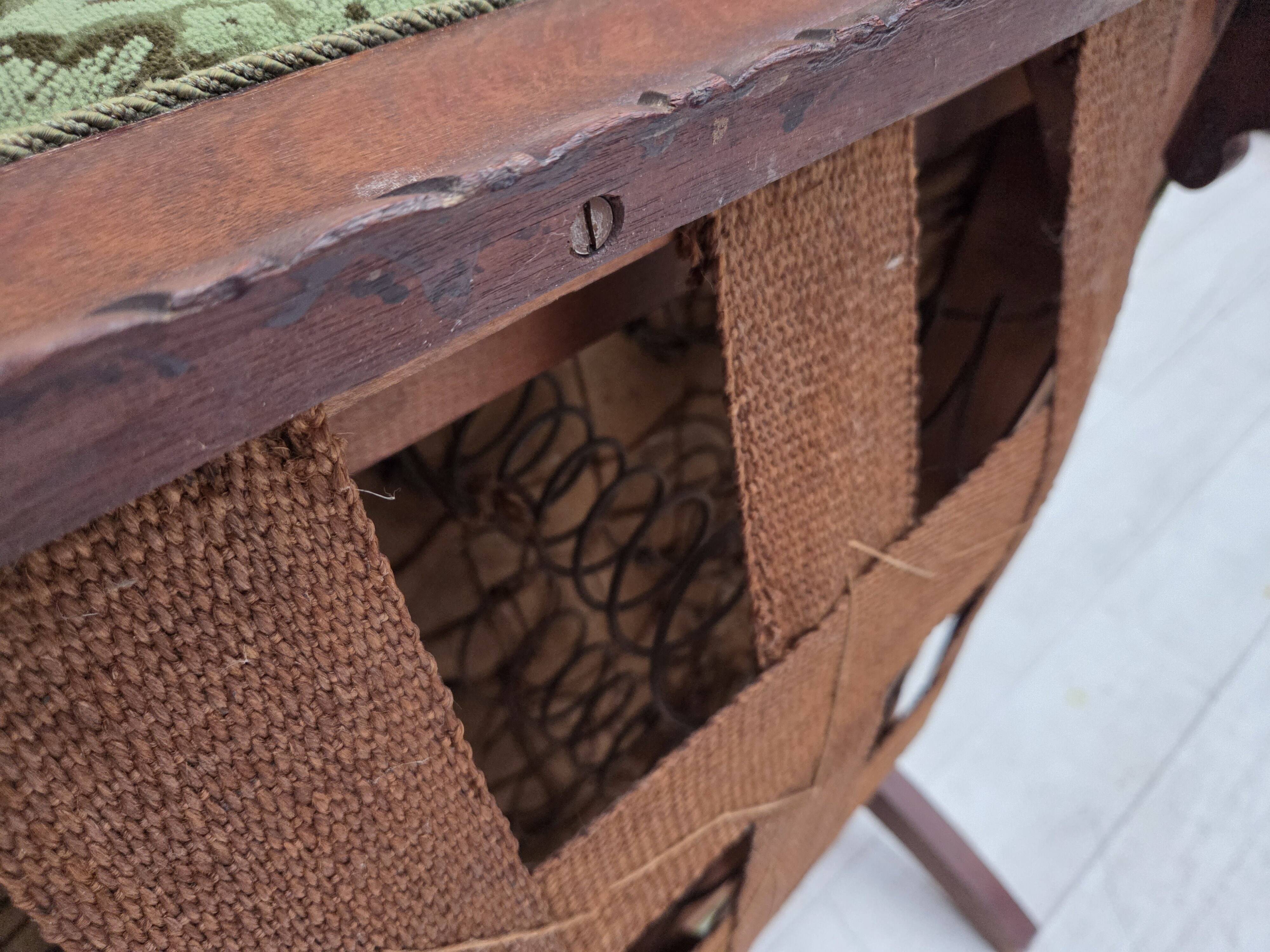 1950s, Danish armchair, green furniture velour, carved oak wood.