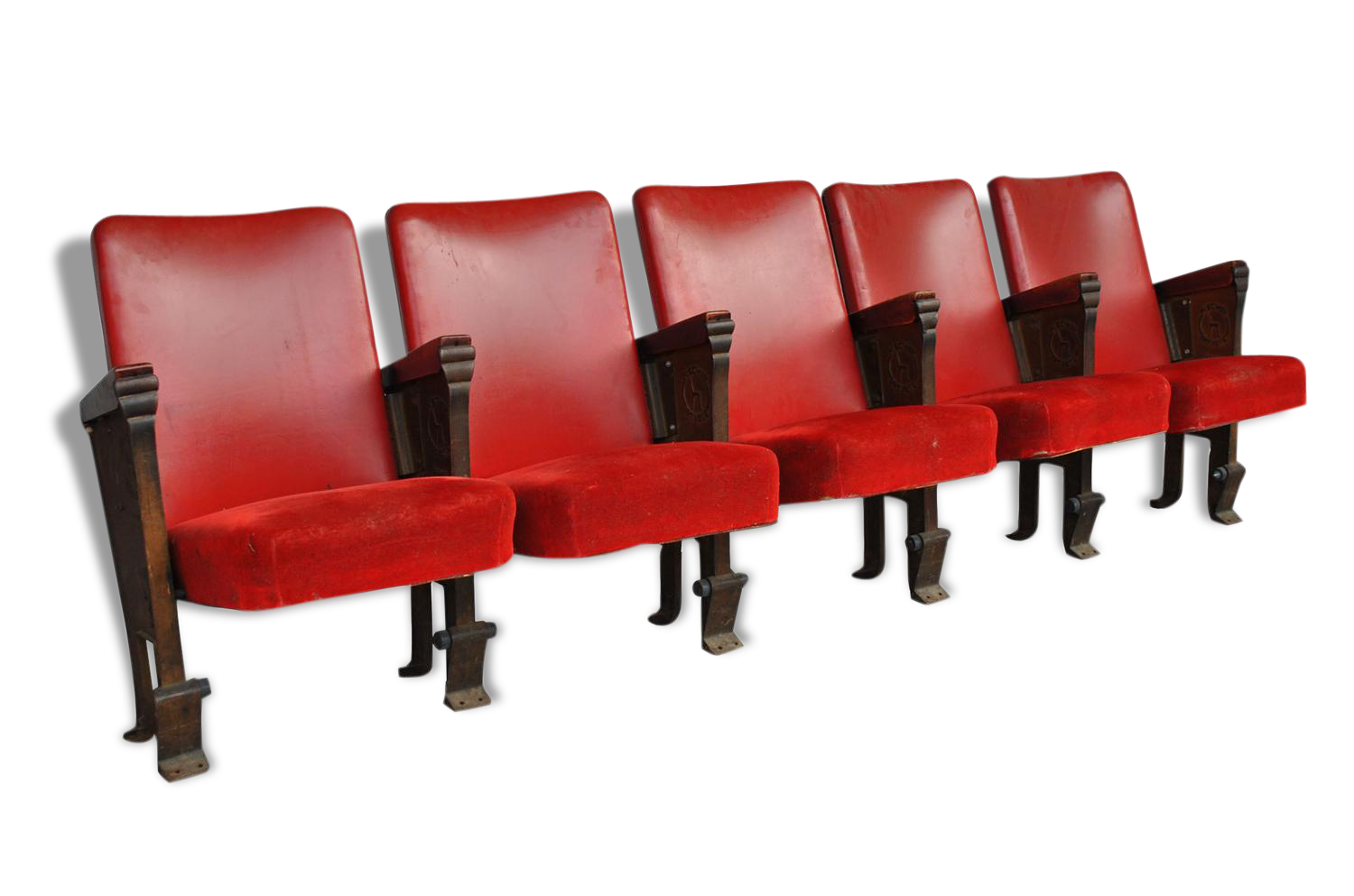 Series of 5 red skai and patinated cast Theater chairs