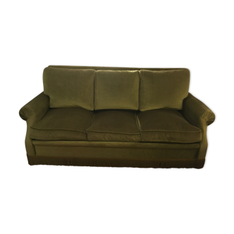 Canapé-lit 3 places en velour kaki à franges