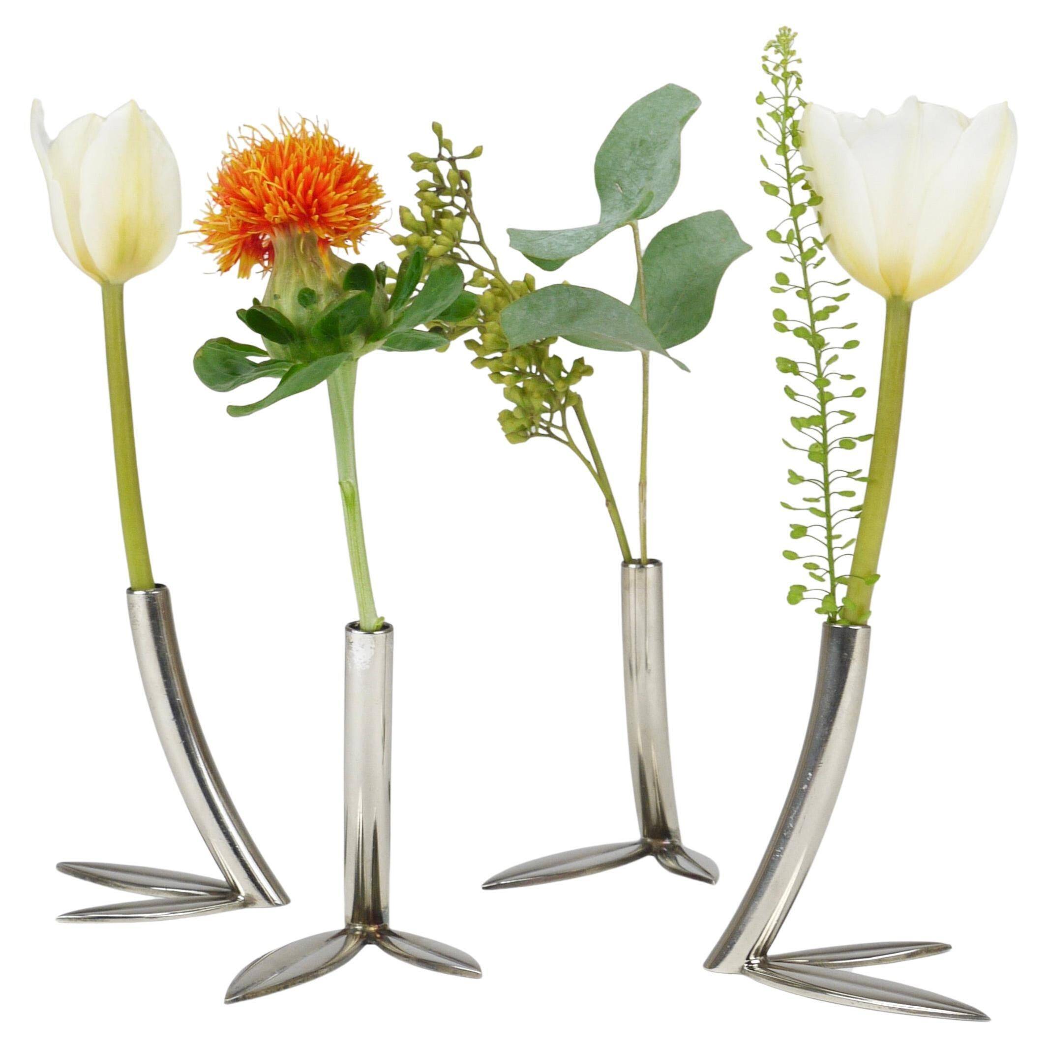 Werkstätte Hagenauer Up to 6 Soliflore Vases Leaf, Brass & Nickel, Vienna, 1960s