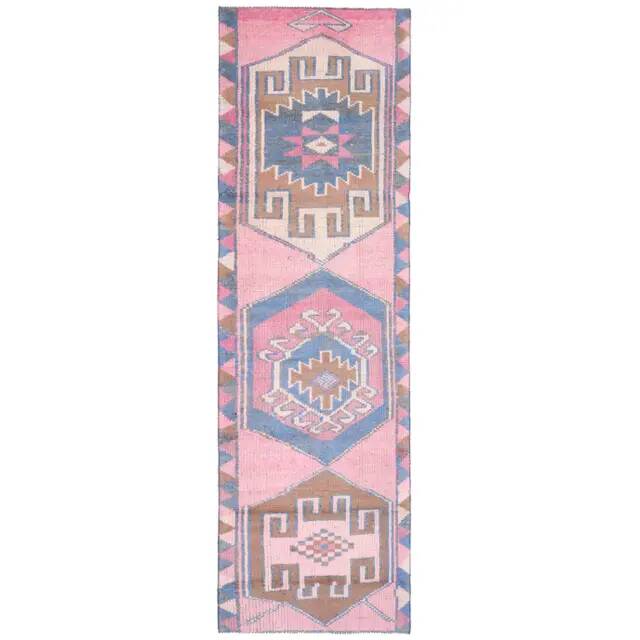 1970s Vintage Turkish Oushak Handmade Wool Cotton Pink Runner Rug 89x299