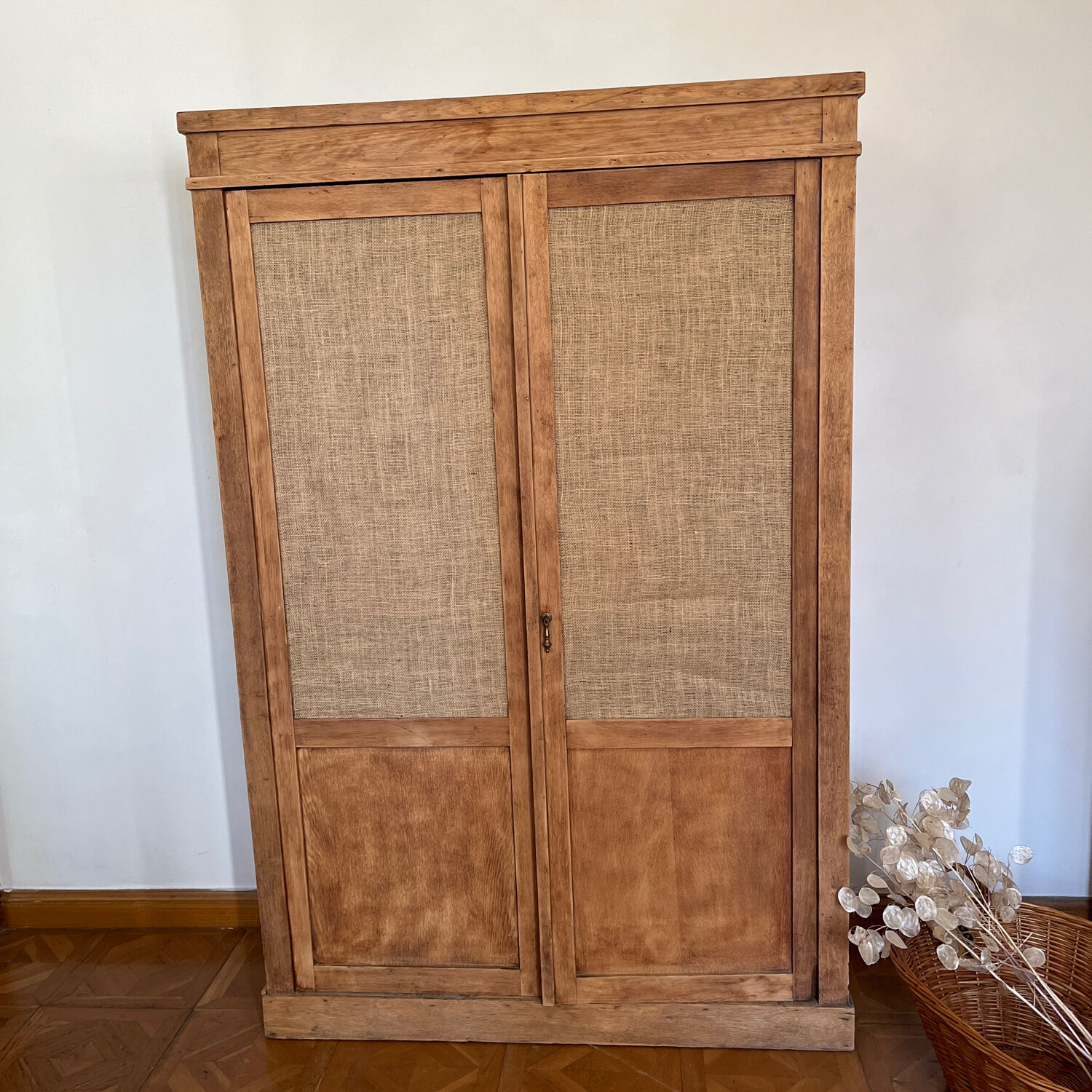 Raw wood cabinet & burlap