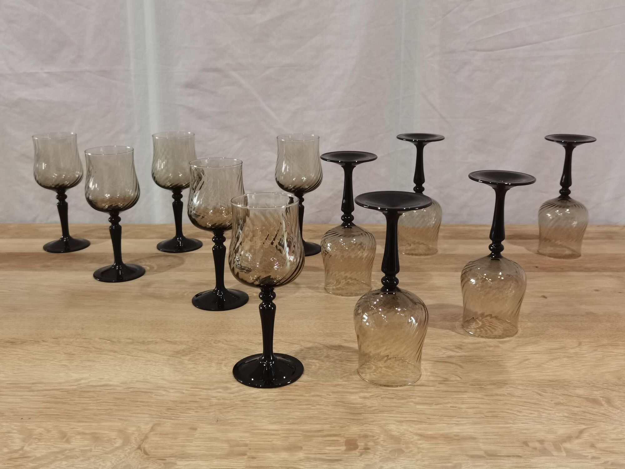 11 vintage black foot smoked twisted water glasses