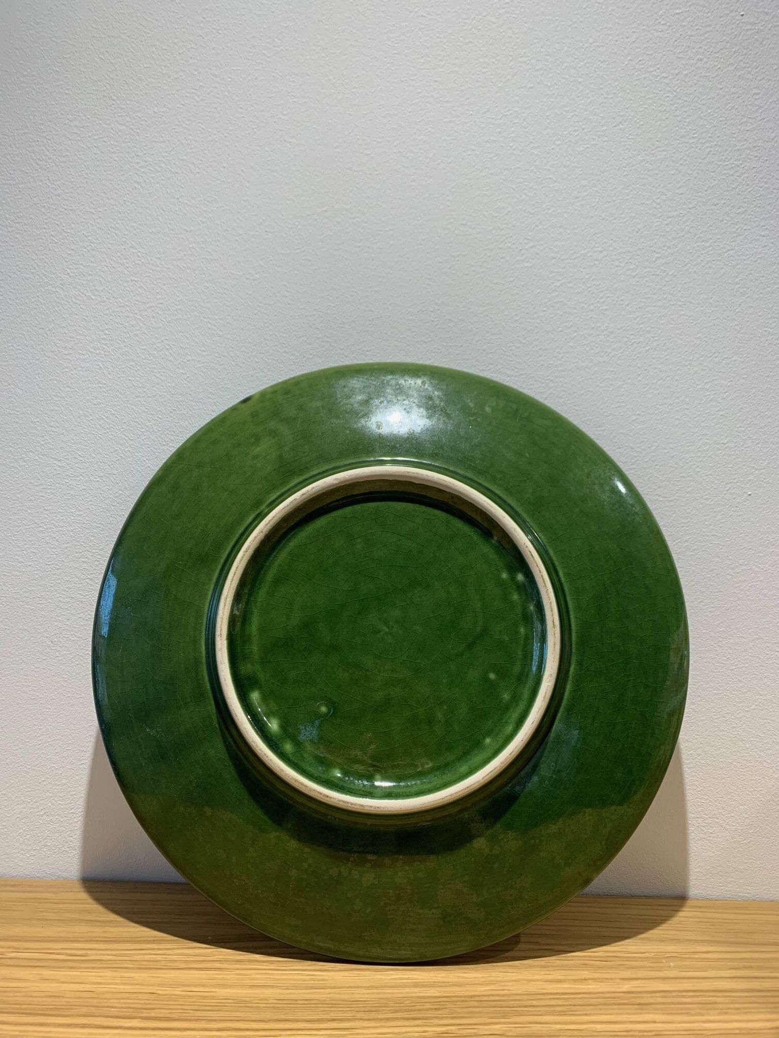 Vintage barbotine dish in the shape of a green cabbage leaf, Portugal