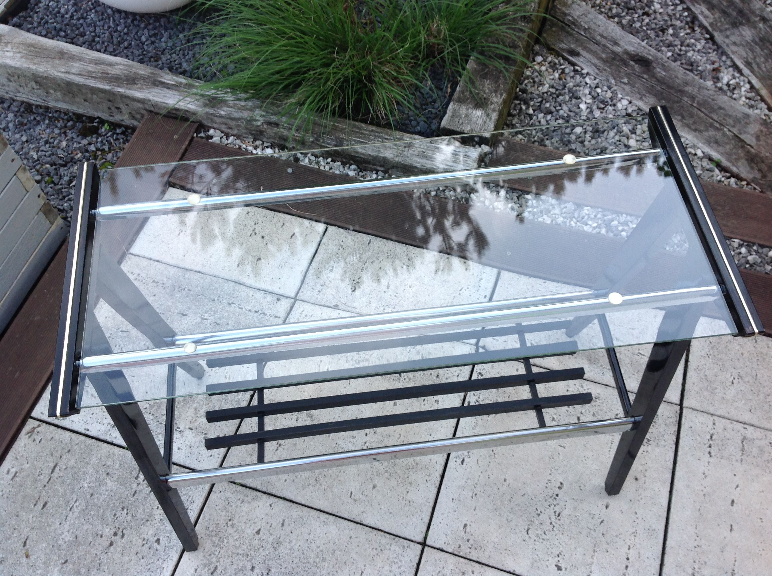 Console in black lacquered wood and chromed metal / vintage 60s-70s