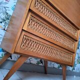Commode vintage en rotin, secrétaire, meuble bar