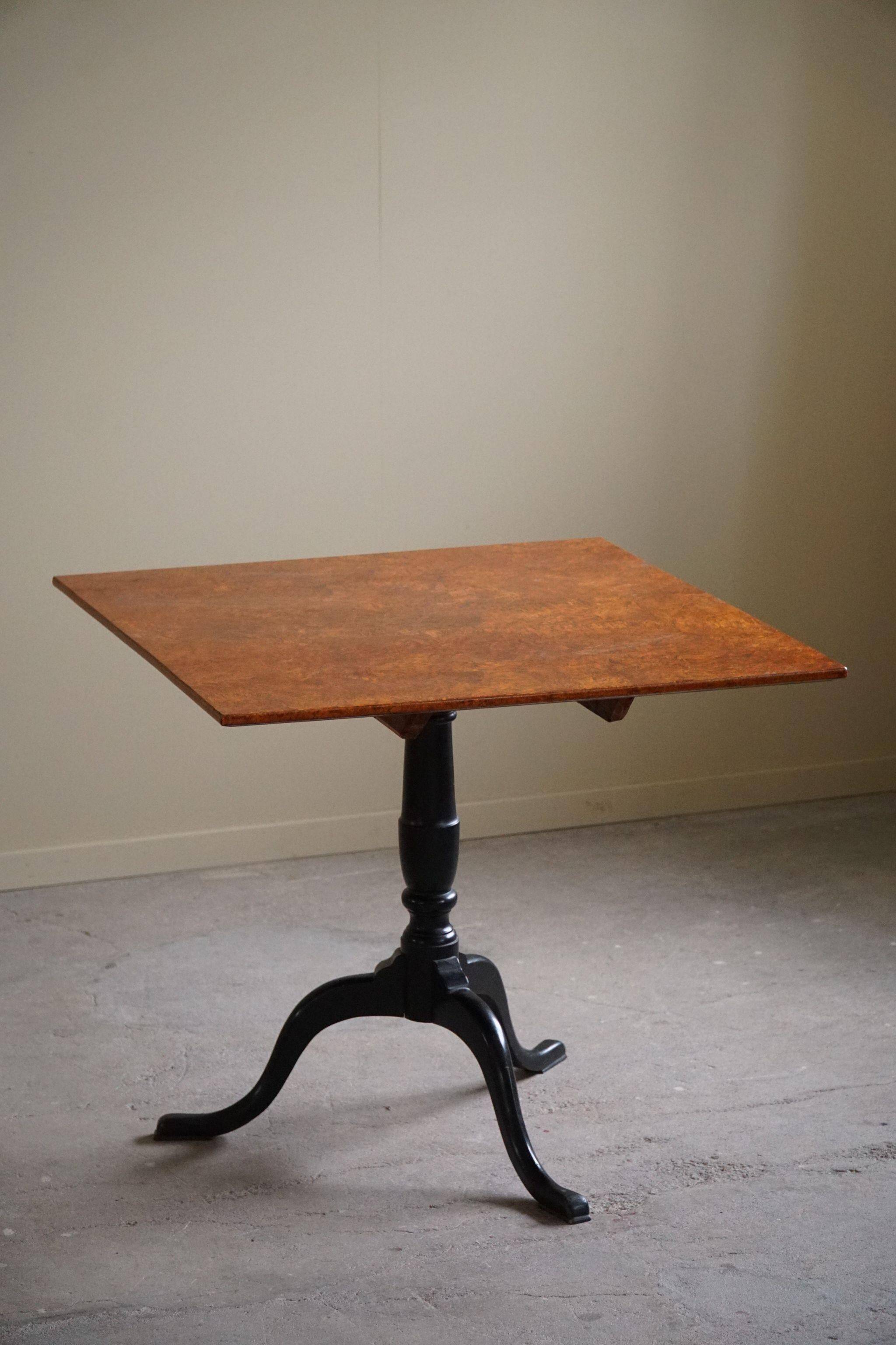 Antique handcrafted square table with drop leaves made of burl wood, Swedish, 19th century.