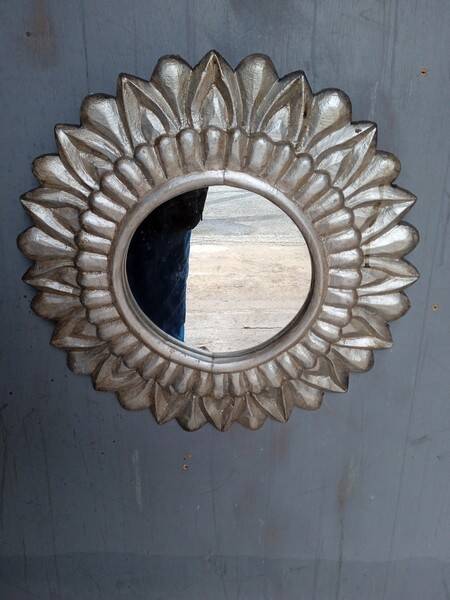 Carved wood sun mirror 40cm silver ep 1960